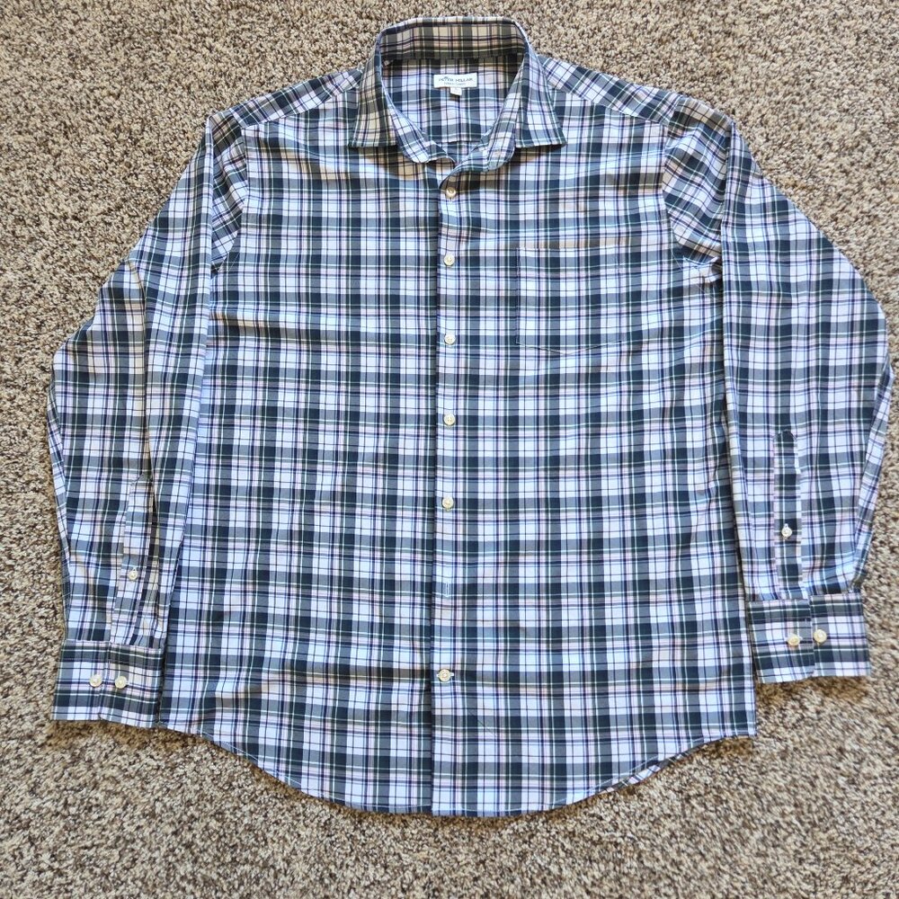 Peter Millar Men’s Summer Comfort Button Down Blue Plaid Large Stretch‎ Preppy